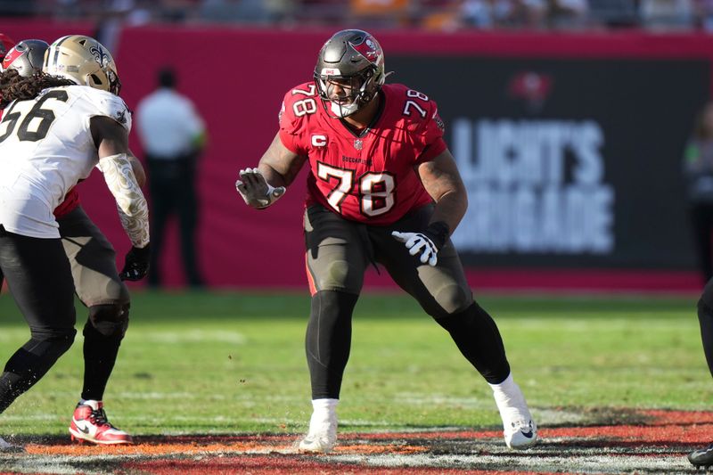 Tampa Bay Buccaneers offensive tackle Tristan Wirfs (78) protects the pocket during an NFL football game against the New Orleans Saints, Sunday, Dec. 31, 2023, in Tampa, Fla. (AP Photo/Peter Joneleit)