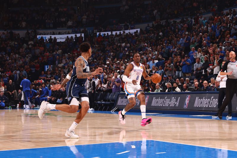 OKLAHOMA CITY, OK - MARCH 14: Jalen Williams #8 of the Oklahoma City Thunder dribbles the ball during the game against the Dallas Mavericks on March 13, 2024 at Paycom Arena in Oklahoma City, Oklahoma. NOTE TO USER: User expressly acknowledges and agrees that, by downloading and or using this photograph, User is consenting to the terms and conditions of the Getty Images License Agreement. Mandatory Copyright Notice: Copyright 2024 NBAE (Photo by Zach Beeker/NBAE via Getty Images)