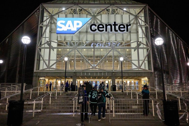 Jan 30, 2024; San Jose, California, USA; Fans arrive before the game between the San Jose Sharks and the Seattle Kraken at SAP Center at San Jose. Mandatory Credit: Robert Edwards-USA TODAY Sports