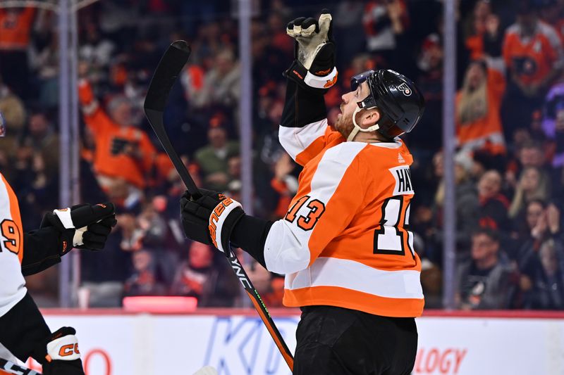 Jan 22, 2023; Philadelphia, Pennsylvania, USA; Philadelphia Flyers center Kevin Hayes (13) celebrates a goal against the Winnipeg Jets in the second period at Wells Fargo Center. Mandatory Credit: Kyle Ross-USA TODAY Sports