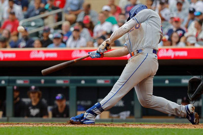 Sep 9, 2023; Minneapolis, Minnesota, USA; New York Mets first baseman Pete Alonso (20) hits a solo home run against the Minnesota Twins in the eighth inning at Target Field. Mandatory Credit: Bruce Kluckhohn-USA TODAY Sports