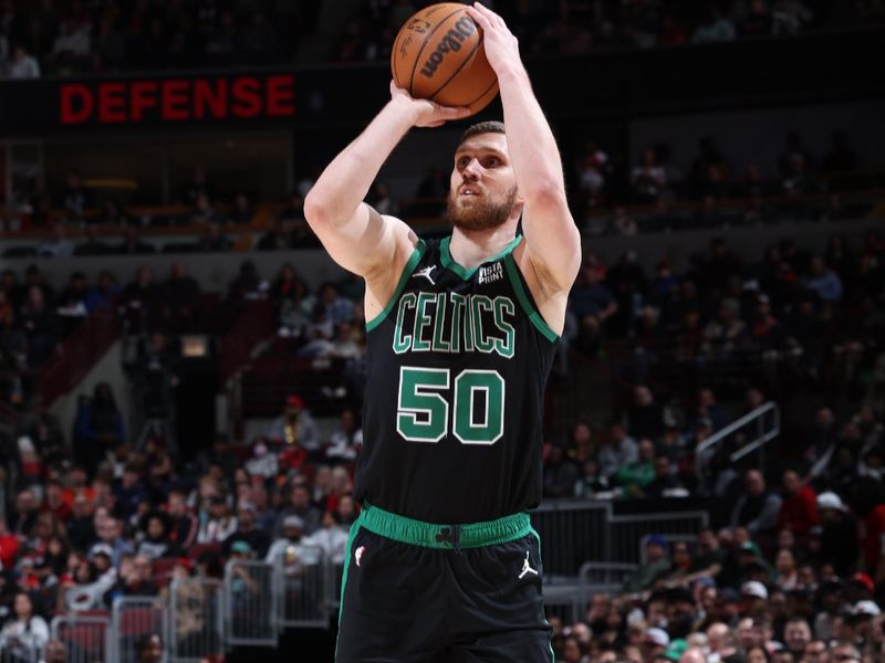 CHICAGO, IL - MARCH 23: Svi Mykhailiuk #50 of the Boston Celtics shoots the ball during the game against the Chicago Bulls on March 23, 2024 at United Center in Chicago, Illinois. NOTE TO USER: User expressly acknowledges and agrees that, by downloading and or using this photograph, User is consenting to the terms and conditions of the Getty Images License Agreement. Mandatory Copyright Notice: Copyright 2024 NBAE (Photo by Jeff Haynes/NBAE via Getty Images)