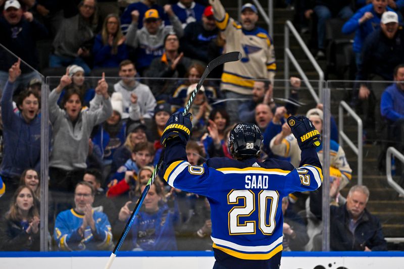 Feb 19, 2024; St. Louis, Missouri, USA;  St. Louis Blues left wing Brandon Saad (20) reacts after scoring against the Toronto Maple Leafs during the second period at Enterprise Center. Mandatory Credit: Jeff Curry-USA TODAY Sports