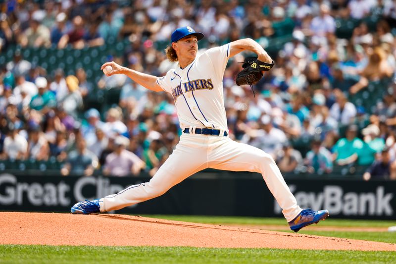 Jul 16, 2023; Seattle, Washington, USA; Seattle Mariners starting pitcher Bryce Miller (50) throws against the Detroit Tigers during the first inning at T-Mobile Park. Mandatory Credit: Joe Nicholson-USA TODAY Sports