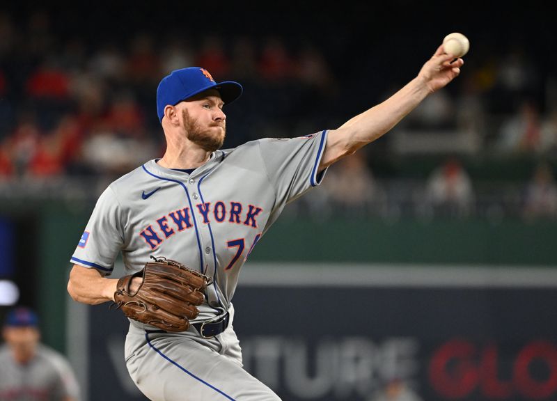 Jul 1, 2024; Washington, District of Columbia, USA; New York Mets relief pitcher Tyler Jay (74) throws a pitch against the Washington Nationals during the tenth inning at Nationals Park. Mandatory Credit: Rafael Suanes-USA TODAY Sports