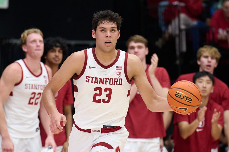 Dec 3, 2023; Stanford, California, USA; Stanford Cardinal forward Brandon Angel (23) dribbles the basketball against the San Diego Toreros during the first half at Maples Pavilion. Mandatory Credit: Robert Edwards-USA TODAY Sports