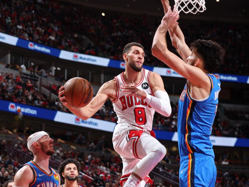 CHICAGO, IL - OCTOBER 26: Zach LaVine #8 of the Chicago Bulls looks to pass the ball during the game against the Oklahoma City Thunder on October 26, 2024 at United Center in Chicago, Illinois. NOTE TO USER: User expressly acknowledges and agrees that, by downloading and or using this photograph, User is consenting to the terms and conditions of the Getty Images License Agreement. Mandatory Copyright Notice: Copyright 2024 NBAE (Photo by Jeff Haynes/NBAE via Getty Images)