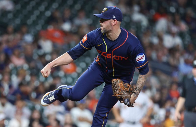 May 1, 2023; Houston, Texas, USA; Houston Astros relief pitcher Ryan Pressly (55) delivers a pitch during the ninth inning against the San Francisco Giants at Minute Maid Park. Mandatory Credit: Troy Taormina-USA TODAY Sports