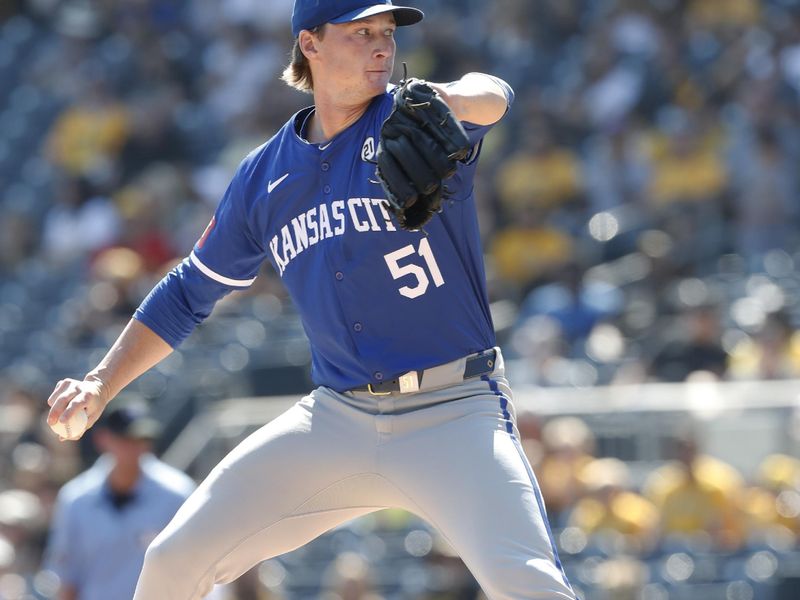 Sep 15, 2024; Pittsburgh, Pennsylvania, USA;  Kansas City Royals starting pitcher Brady Singer (51) delivers a pitch against the Pittsburgh Pirates during the first inning at PNC Park. Mandatory Credit: Charles LeClaire-Imagn Images
