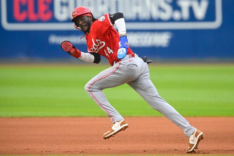 Jun 10, 2025; Cleveland, Ohio, USA; Cincinnati Reds shortstop Elly De La Cruz (44) steals second base in the fourth inning against the Cleveland Guardians at Progressive Field. Mandatory Credit: David Richard-Imagn Images