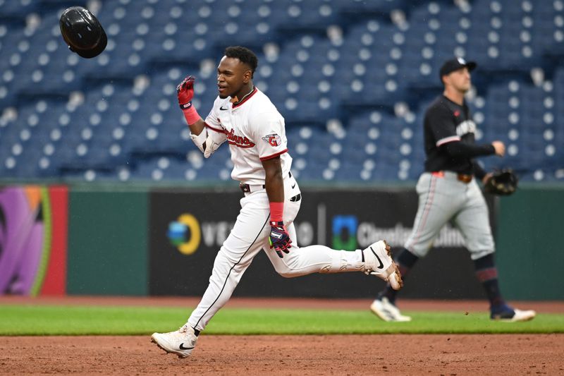 May 1, 2025; Cleveland, Ohio, USA; Cleveland Guardians center fielder Angel Martinez (1) celebrates after hitting a game-winning RBI single during the tenth inning against the Minnesota Twins at Progressive Field. Mandatory Credit: Ken Blaze-Imagn Images

