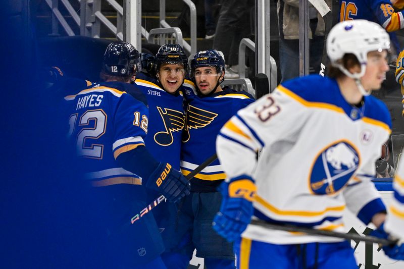 Nov 30, 2023; St. Louis, Missouri, USA;  St. Louis Blues center Brayden Schenn (10) is congratulated by right wing Kevin Hayes (12) and center Jordan Kyrou (25) after scoring against the Buffalo Sabres during the second period at Enterprise Center. Mandatory Credit: Jeff Curry-USA TODAY Sports