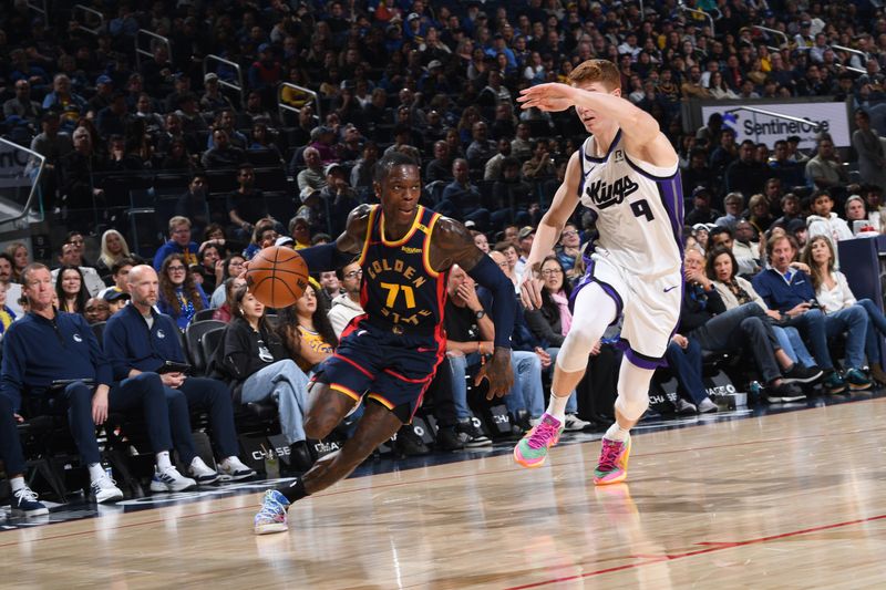 SAN FRANCISCO, CA - JANUARY 5:  Dennis Schroder #71 of the Golden State Warriors handles the ball during the game against the Sacramento Kings on January 5, 2025 at Chase Center in San Francisco, California. NOTE TO USER: User expressly acknowledges and agrees that, by downloading and or using this photograph, user is consenting to the terms and conditions of Getty Images License Agreement. Mandatory Copyright Notice: Copyright 2025 NBAE (Photo by Noah Graham/NBAE via Getty Images)