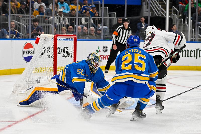 Dec 23, 2023; St. Louis, Missouri, USA;  St. Louis Blues goaltender Jordan Binnington (50) gives up a goal to Chicago Blackhawks left wing Nick Foligno (17) during the third period at Enterprise Center. Mandatory Credit: Jeff Curry-USA TODAY Sports