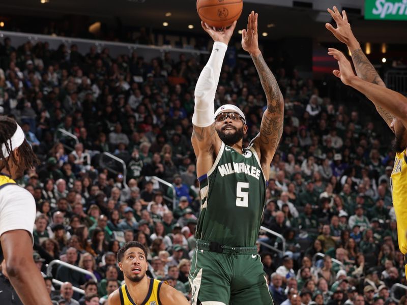 MILWAUKEE, WI - APRIL  25:  Gary Trent Jr. #5 of the Milwaukee Bucks shoots the ball during the game against the Indiana Pacers during Round 1 Game 3 of the 2025 NBA Playoffs on April 25, 2025 at Fiserv Forum Center in Milwaukee, Wisconsin. NOTE TO USER: User expressly acknowledges and agrees that, by downloading and or using this Photograph, user is consenting to the terms and conditions of the Getty Images License Agreement. Mandatory Copyright Notice: Copyright 2025 NBAE (Photo by Gary Dineen/NBAE via Getty Images).