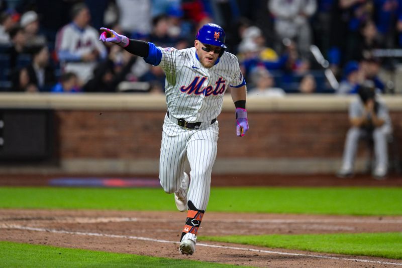 Apr 15, 2024; New York City, New York, USA; New York Mets outfielder Harrison Bader reacts after hitting a two RBI double against the Pittsburgh Pirates during the eighth inning at Citi Field. Mandatory Credit: John Jones-USA TODAY Sports