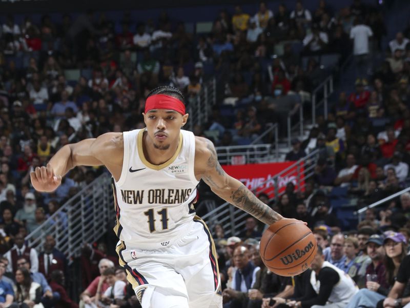 NEW ORLEANS, LA - NOVEMBER 16:  Brandon Boston Jr. #11 of the New Orleans Pelicans drives to the basket during the game against the Los Angeles Lakers on November 16, 2024 at the Smoothie King Center in New Orleans, Louisiana. NOTE TO USER: User expressly acknowledges and agrees that, by downloading and or using this Photograph, user is consenting to the terms and conditions of the Getty Images License Agreement. Mandatory Copyright Notice: Copyright 2024 NBAE (Photo by Layne Murdoch Jr./NBAE via Getty Images)