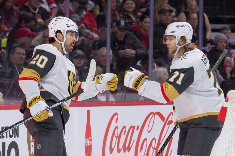 Feb 22, 2024; Ottawa, Ontario, CAN; Vegas Golden Knights center Chandler Stephenson (20) celebrates with center William Karlsson (71) his goal scored in the secont period  against the Ottawa Senators at the Canadian Tire Centre. Mandatory Credit: Marc DesRosiers-USA TODAY Sports