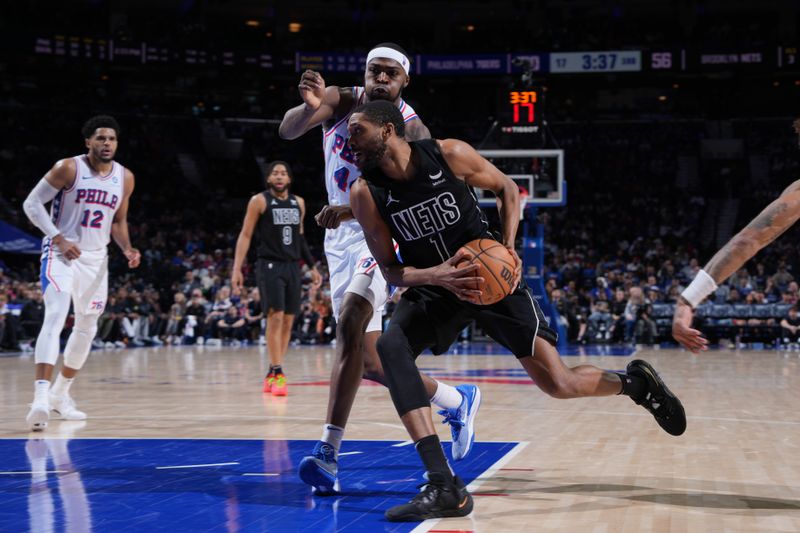 PHILADELPHIA, PA - APRIL 14: Mikal Bridges #1 of the Brooklyn Nets drives to the basket during the game against the Philadelphia 76ers on April 14, 2024 at the Wells Fargo Center in Philadelphia, Pennsylvania NOTE TO USER: User expressly acknowledges and agrees that, by downloading and/or using this Photograph, user is consenting to the terms and conditions of the Getty Images License Agreement. Mandatory Copyright Notice: Copyright 2024 NBAE (Photo by Jesse D. Garrabrant/NBAE via Getty Images)