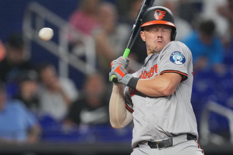 Jul 25, 2024; Miami, Florida, USA;  Baltimore Orioles first baseman Ryan Mountcastle (6) is brushed back by a pitch in the fifth inning against the Miami Marlins at loanDepot Park. Mandatory Credit: Jim Rassol-USA TODAY Sports