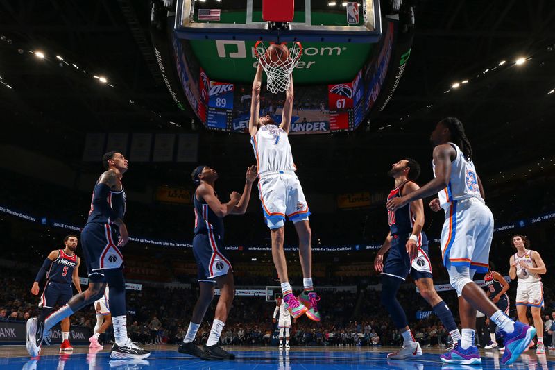 OKLAHOMA CITY, OK - FEBRUARY 23: Chet Holmgren #7 of the Oklahoma City Thunder dunks the ball during the game against the Washington Wizards on February 23, 2024 at Paycom Arena in Oklahoma City, Oklahoma. NOTE TO USER: User expressly acknowledges and agrees that, by downloading and or using this photograph, User is consenting to the terms and conditions of the Getty Images License Agreement. Mandatory Copyright Notice: Copyright 2024 NBAE (Photo by Zach Beeker/NBAE via Getty Images)