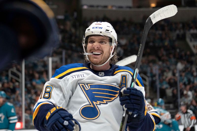 Oct 10, 2024; San Jose, California, USA;  St. Louis Blues center Robert Thomas (18) during the third period against the San Jose Sharks at SAP Center at San Jose. Mandatory Credit: Stan Szeto-Imagn Images