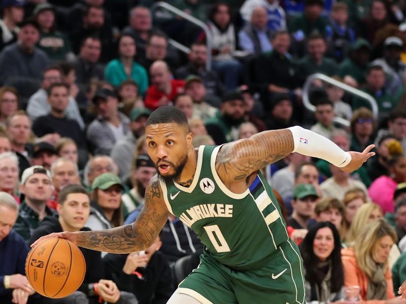 MILWAUKEE, WISCONSIN - DECEMBER 21: Damian Lillard #0 of the Milwaukee Bucks handles the ball during a game against the Orlando Magic at Fiserv Forum on December 21, 2023 in Milwaukee, Wisconsin. NOTE TO USER: User expressly acknowledges and agrees that, by downloading and or using this photograph, User is consenting to the terms and conditions of the Getty Images License Agreement. (Photo by Stacy Revere/Getty Images)