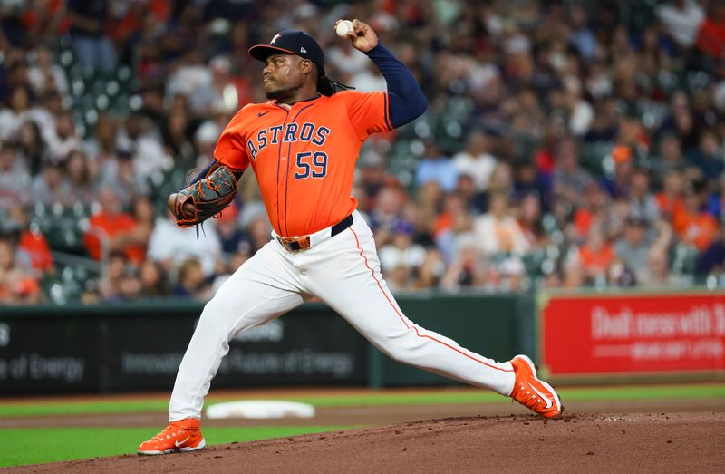 Sep 6, 2024; Houston, Texas, USA;  Houston Astros starting pitcher Framber Valdez (59) pitches against the Arizona Diamondbacks in the first inning at Minute Maid Park. Mandatory Credit: Thomas Shea-Imagn Images