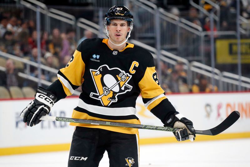 Oct 18, 2024; Pittsburgh, Pennsylvania, USA;  Pittsburgh Penguins center Sidney Crosby (87) looks on before a face-off against the Carolina Hurricanes during the third period at PPG Paints Arena. Mandatory Credit: Charles LeClaire-Imagn Images