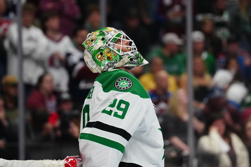 May 17, 2024; Denver, Colorado, USA; Dallas Stars goaltender Jake Oettinger (29) during an overtime period against the Colorado Avalanche in game six of the second round of the 2024 Stanley Cup Playoffs at Ball Arena. Mandatory Credit: Ron Chenoy-USA TODAY Sports