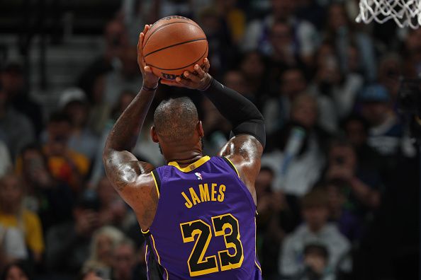 MINNEAPOLIS, MN -  DECEMBER 30: LeBron James #23 of the Los Angeles Lakers shoots a free throw during the game against the Minnesota Timberwolves on December 30, 2023 at Target Center in Minneapolis, Minnesota. NOTE TO USER: User expressly acknowledges and agrees that, by downloading and or using this Photograph, user is consenting to the terms and conditions of the Getty Images License Agreement. Mandatory Copyright Notice: Copyright 2023 NBAE (Photo by David Sherman/NBAE via Getty Images)