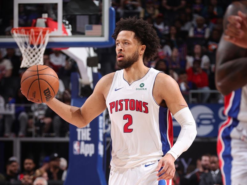 DETROIT, MI - APRIL 27:  Cade Cunningham #2 of the Detroit Pistons dribbles the ball during the game against the New York Knicks during Round 1 Game 4 of the 2025 NBA Playoffs on April 27, 2025 at Little Caesars Arena in Detroit, Michigan. NOTE TO USER: User expressly acknowledges and agrees that, by downloading and/or using this photograph, User is consenting to the terms and conditions of the Getty Images License Agreement. Mandatory Copyright Notice: Copyright 2025 NBAE (Photo by Nathaniel S. Butler/NBAE via Getty Images)