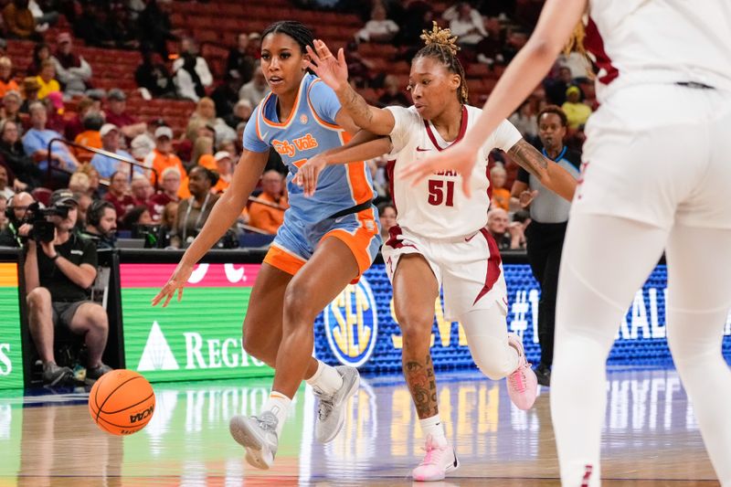 Mar 8, 2024; Greensville, SC, USA; Alabama Crimson Tide guard Del'Janae Williams (51) defends Tennessee Lady Vols guard Kaiya Wynn (5) during the second half at Bon Secours Wellness Arena. Mandatory Credit: Jim Dedmon-USA TODAY Sports