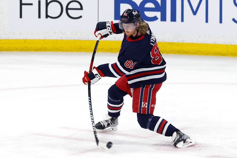 Apr 2, 2023; Winnipeg, Manitoba, CAN; Winnipeg Jets left wing Kyle Connor (81) warms up before a game against the New Jersey Devils at Canada Life Centre. Mandatory Credit: James Carey Lauder-USA TODAY Sports