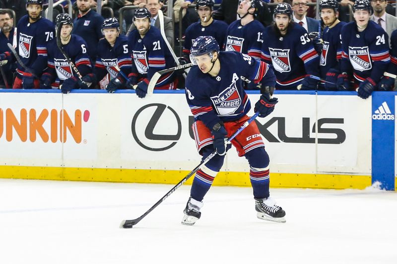 Mar 23, 2024; New York, New York, USA; New York Rangers left wing Artemi Panarin (10) controls the puck in overtime against the Florida Panthers at Madison Square Garden. Mandatory Credit: Wendell Cruz-USA TODAY Sports