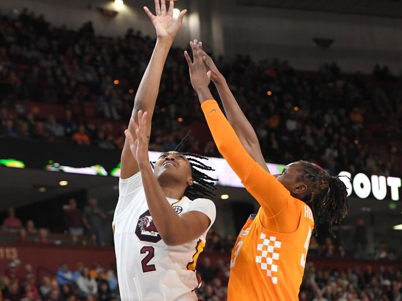 Mar 9, 2024; Greenville, SC, USA; South Carolina Gamecocks forward Ashlyn Watkins (2) scores against Tennessee Lady Vols forward Jillian Hollingshead (53) during the second quarter at the Bon Secours Wellness Arena. Mandatory Credit: Ken Ruinard/The Greenville News via USA TODAY NETWORK