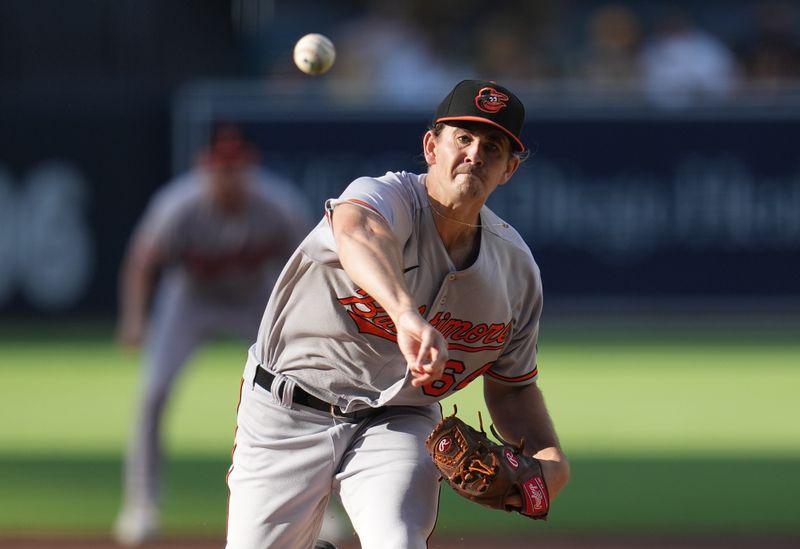 Aug 16, 2023; San Diego, California, USA; Baltimore Orioles starting pitcher Dean Kremer (64) throws a pitch against the San Diego Padres during the first inning at Petco Park. Mandatory Credit: Ray Acevedo-USA TODAY Sports