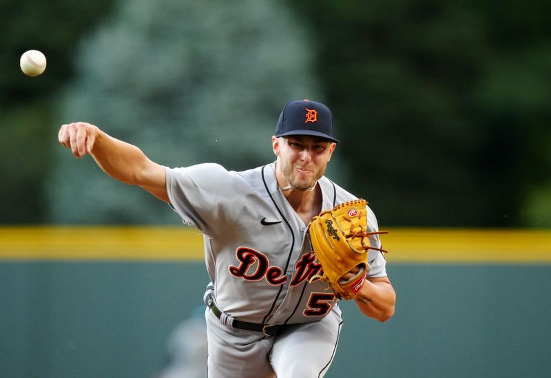 Jul 1, 2023; Denver, Colorado, USA; Detroit Tigers starting pitcher Brendan White (52) delivers a pitch in the first inning against the Colorado Rockies at Coors Field. Mandatory Credit: Ron Chenoy-USA TODAY Sports