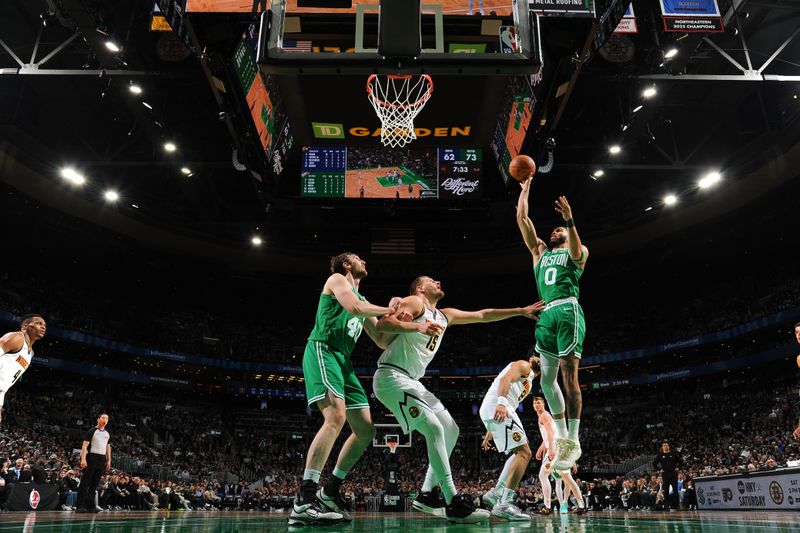 BOSTON, MA - MARCH 2: Jayson Tatum #0 of the Boston Celtics shoots the ball during the game against the Denver Nuggets on March 2, 2025 at TD Garden in Boston, Massachusetts. NOTE TO USER: User expressly acknowledges and agrees that, by downloading and/or using this Photograph, user is consenting to the terms and conditions of the Getty Images License Agreement. Mandatory Copyright Notice: Copyright 2025 NBAE (Photo by Brian Babineau/NBAE via Getty Images)