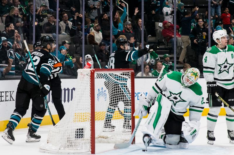 Mar 5, 2024; San Jose, California, USA; San Jose Sharks right wing Filip Zadina (18) celebrates after he scored a goal against the Dallas Stars during the second period at SAP Center at San Jose. Mandatory Credit: John Hefti-USA TODAY Sports