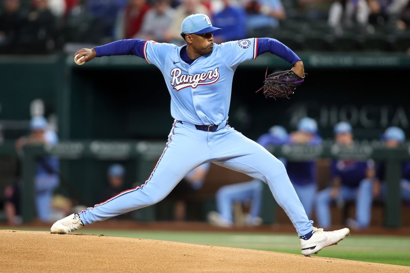Apr 6, 2025; Arlington, Texas, USA; Texas Rangers pitcher Kumar Rocker (80) throws a pitch during the first inning against the Tampa Bay Rays at Globe Life Field. Mandatory Credit: Tim Heitman-Imagn Images