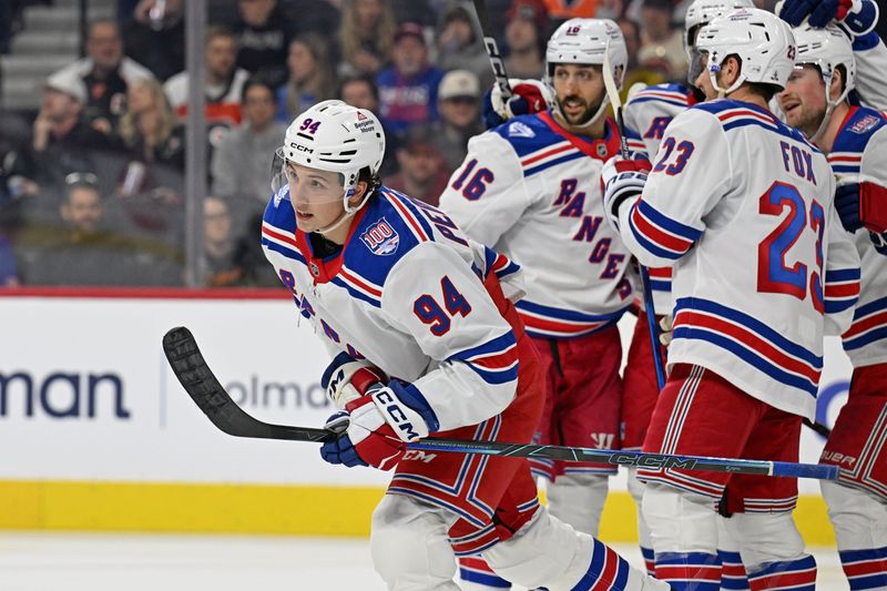 Mar 9, 2026; Philadelphia, Pennsylvania, USA; New York Rangers right wing Gabe Perreault (94) celebrates his goal against the Philadelphia Flyers during the second period at Xfinity Mobile Arena. Mandatory Credit: Eric Hartline-Imagn Images