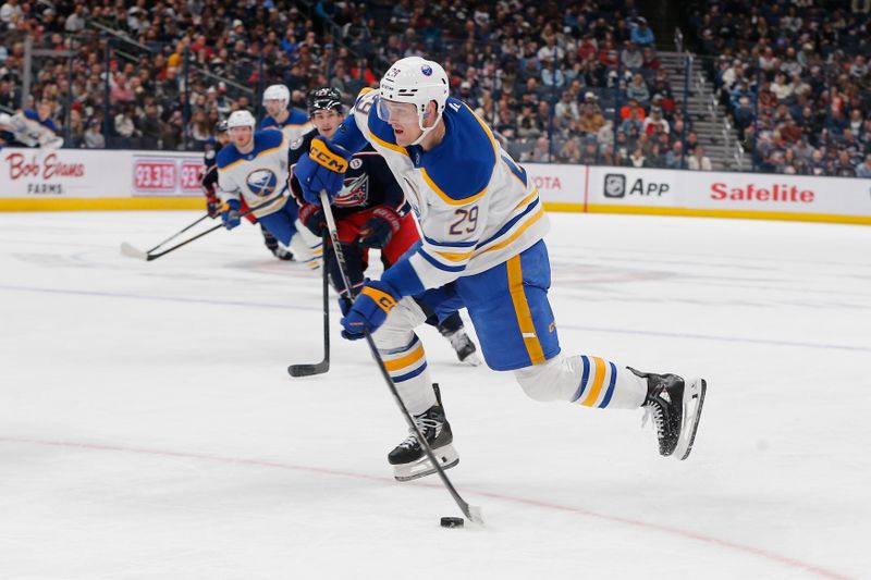 Apr 10, 2025; Columbus, Ohio, USA; Buffalo Sabres left wing Beck Malenstyn (29) wrists a shot on goal against the Columbus Blue Jackets during the first period at Nationwide Arena. Mandatory Credit: Russell LaBounty-Imagn Images