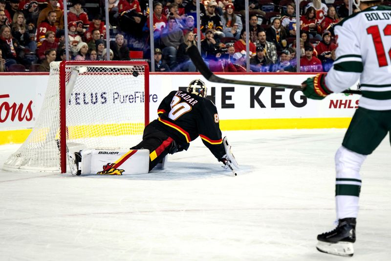 Nov 23, 2024; Calgary, Alberta, CAN; Calgary Flames goaltender Daniel Vladar (80) allows a goal by Minnesota Wild left wing Marcus Johansson (not pictured) during the first period at Scotiabank Saddledome. Mandatory Credit: Brett Holmes-Imagn Images