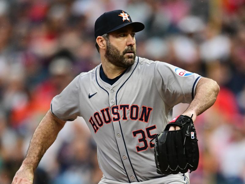 Sep 28, 2024; Cleveland, Ohio, USA; Houston Astros starting pitcher Justin Verlander (35) throws a pitch during the first inning against the Cleveland Guardians at Progressive Field. Mandatory Credit: Ken Blaze-Imagn Images