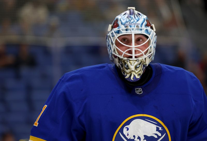 Oct 28, 2024; Buffalo, New York, USA;  Buffalo Sabres goaltender Ukko-Pekka Luukkonen (1) during a stoppage in play against the Florida Panthers during the first period at KeyBank Center. Mandatory Credit: Timothy T. Ludwig-Imagn Images