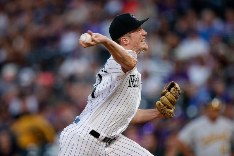 Jul 28, 2023; Denver, Colorado, USA; Colorado Rockies relief pitcher Gavin Hollowell (64) pitches in the fifth inning against the Oakland Athletics at Coors Field. Mandatory Credit: Isaiah J. Downing-USA TODAY Sports