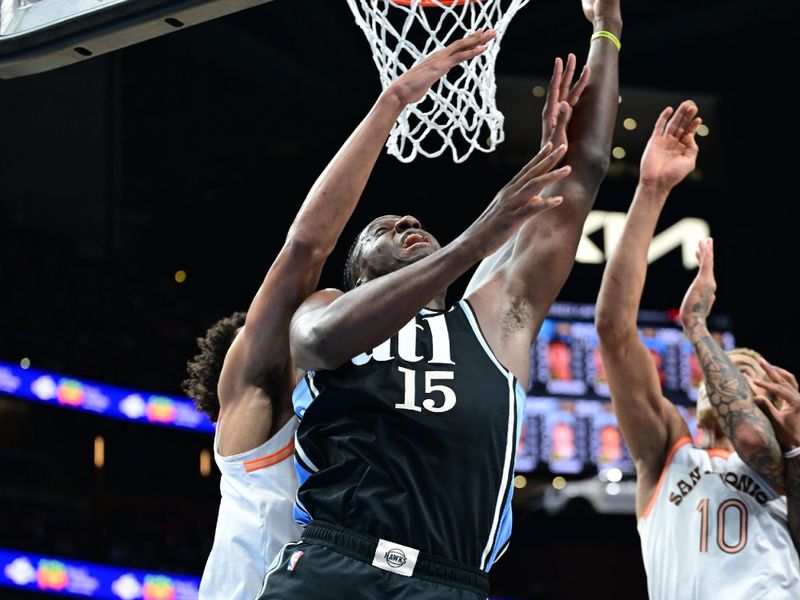 ATLANTA, GA - JANUARY 15: Clint Capela #15 of the Atlanta Hawks drives to the basket during the game against the San Antonio Spurs on January 15, 2024 at State Farm Arena in Atlanta, Georgia.  NOTE TO USER: User expressly acknowledges and agrees that, by downloading and/or using this Photograph, user is consenting to the terms and conditions of the Getty Images License Agreement. Mandatory Copyright Notice: Copyright 2024 NBAE (Photo by Adam Hagy/NBAE via Getty Images)