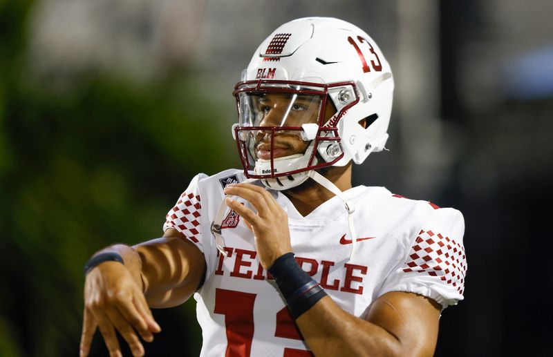 Nov 14, 2020; Orlando, Florida, USA;  Temple Owls quarterback Re-al Mitchell throws a pass during warmups before the game against the UCF Knights at the Bounce House. Mandatory Credit: Reinhold Matay-USA TODAY Sports