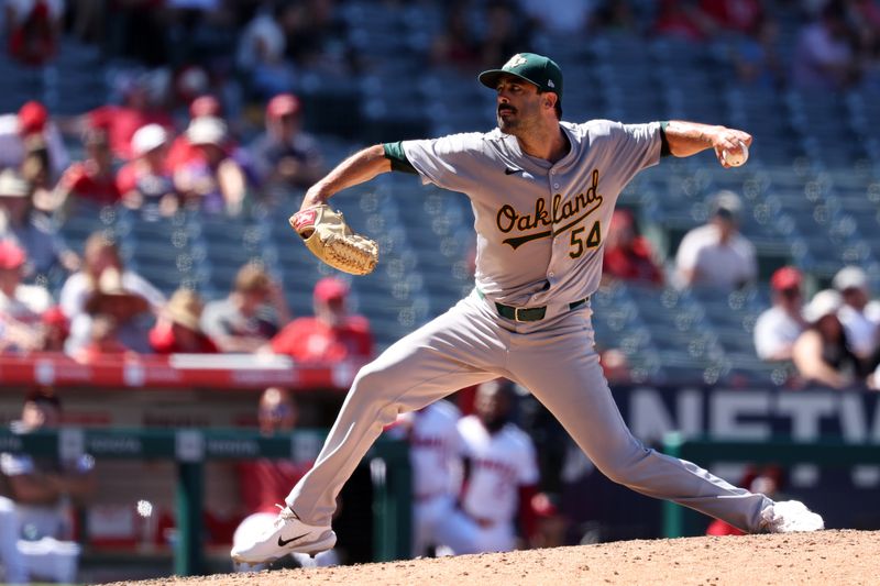 Jul 28, 2024; Anaheim, California, USA;  Oakland Athletics relief pitcher Scott Alexander (54) pitches during the sixth inning against the Los Angeles Angels at Angel Stadium. Mandatory Credit: Kiyoshi Mio-USA TODAY Sports